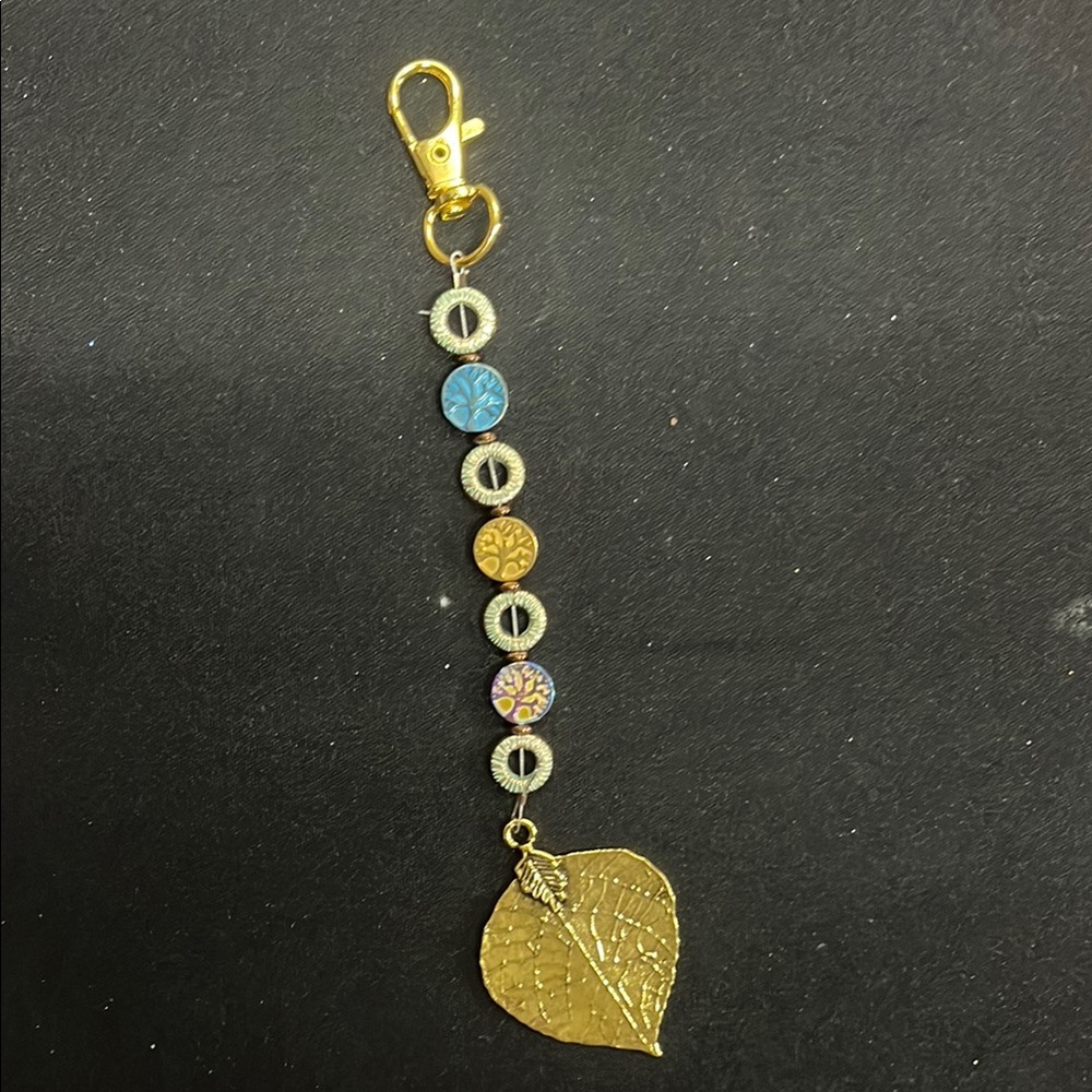 Blue and Gold Key Holder with Leaf Charm